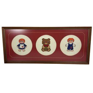 Vintage 1983 Framed Cross Stitch Art With Raggedy Ann Andy + Teddy Bear Trio